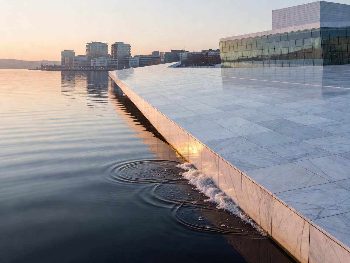 Futuristic modern Oslo Opera House architectural marble roof dipping into the Oslofjord
