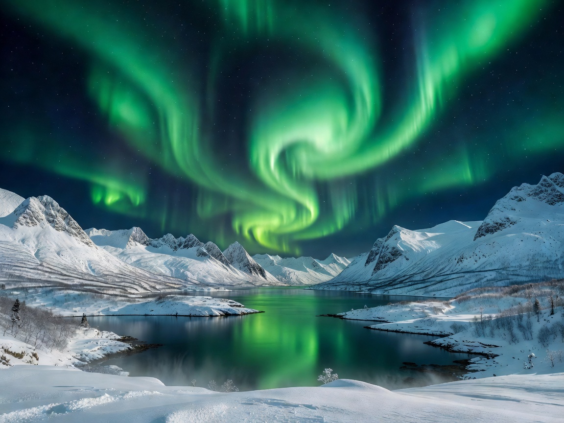 Vibrant green Northern Lights swirling over snow-covered Tromsø fjords in Norway
